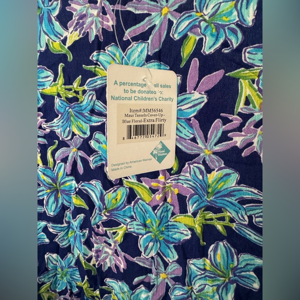NWT Maui Mamas Tassels Cover Up Blue Floral Extra Flirty O/S - Picture 3 of 3